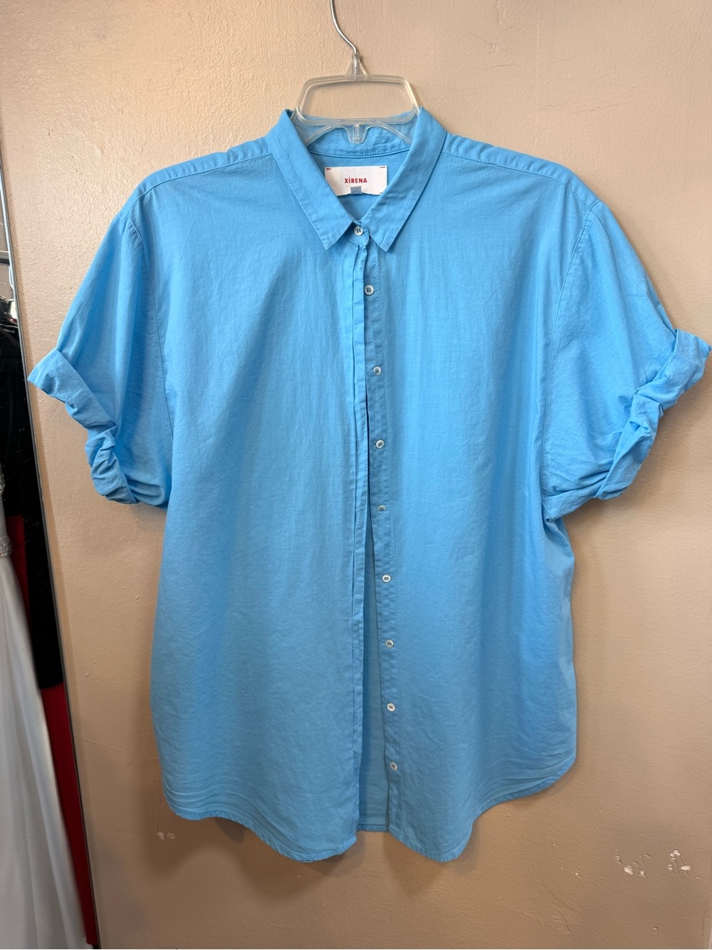 Xirena Blue 100% Cotton Button Down Shirt Ruched Sleeves Size S